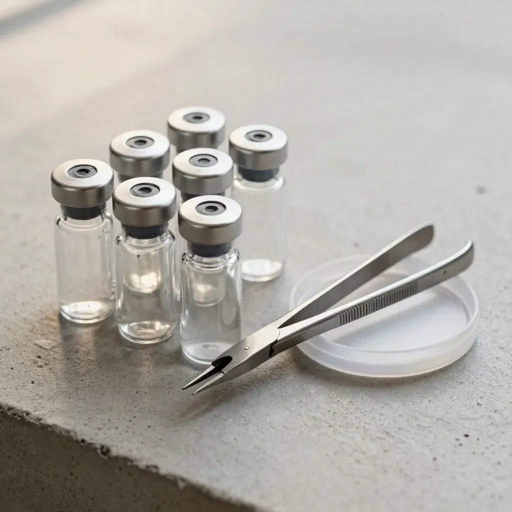 Biotech vials, micro-forceps, and a frosted petri lid on pale concrete, seen from overhead.