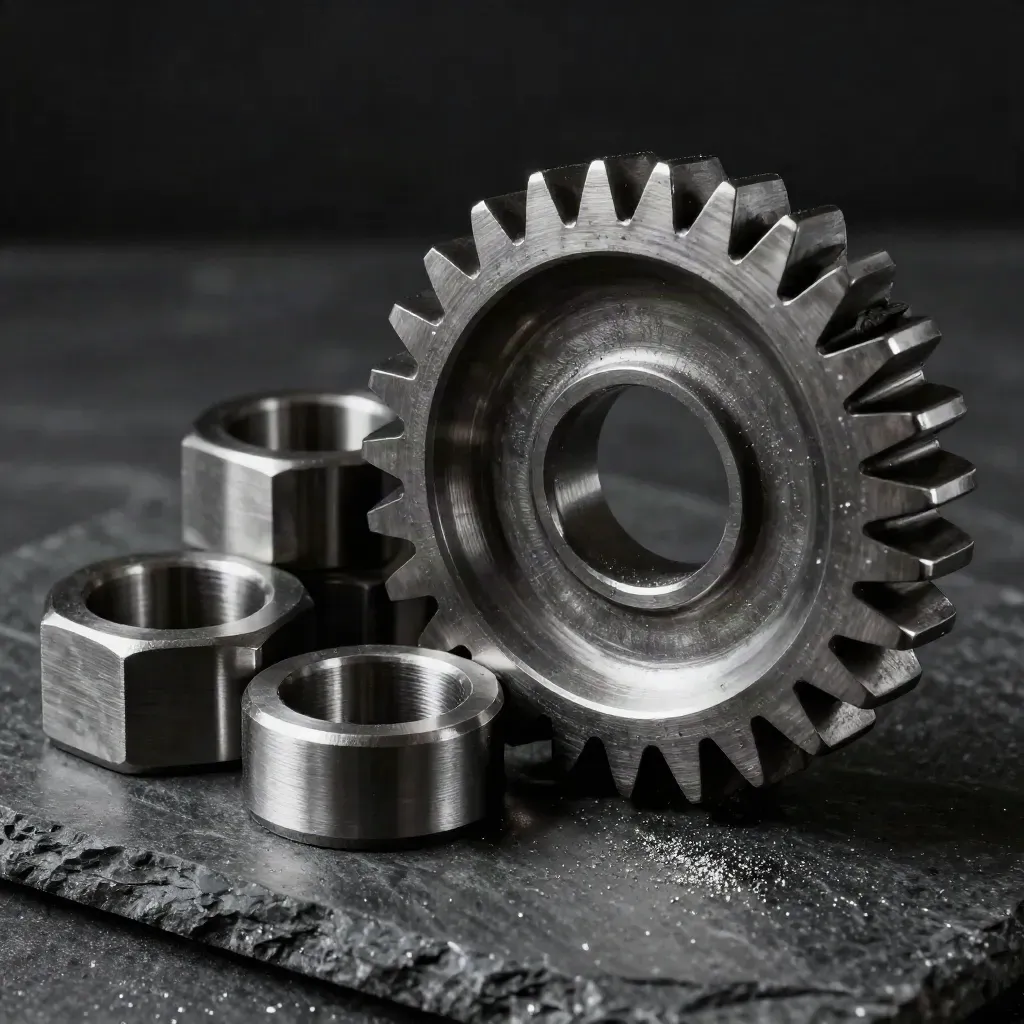 Machined gear blanks, hex spacers, and a steel coupling ring on dark stone in dramatic light.