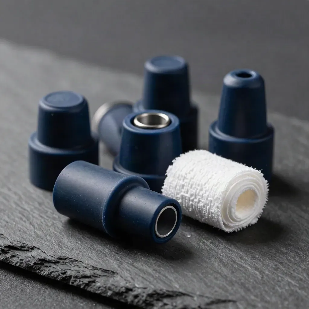 Sensor pod shells, rubber caps and gauze wrap clustered on graphite slate in skimming light.