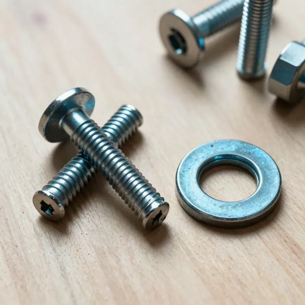 Rail fasteners, coupling pin and grease-darkened washer on pale brushed wood with cold mist