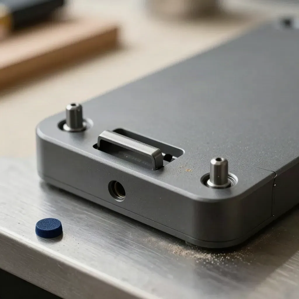 Prototype enclosure half with pegs, latch tabs, and a tiny port cap on a graphite surface