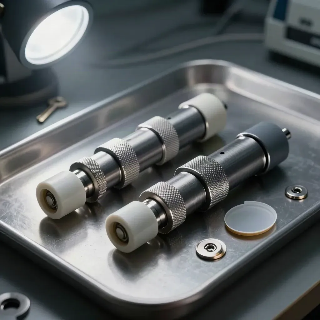Pair of lockable test-harness adapters on a pewter tray in dramatic studio light.