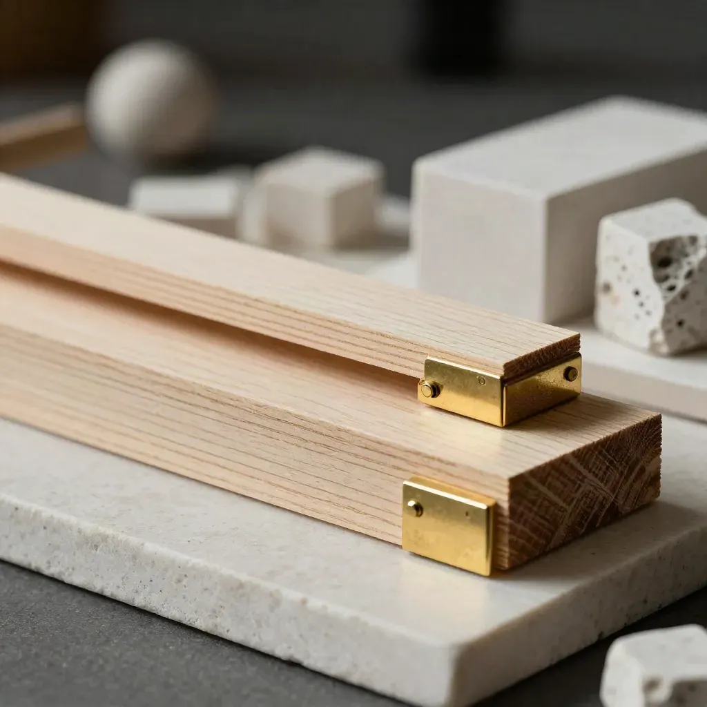 Basswood strips, limestone cubes and brass brackets on pale stone in a dramatic macro still life.
