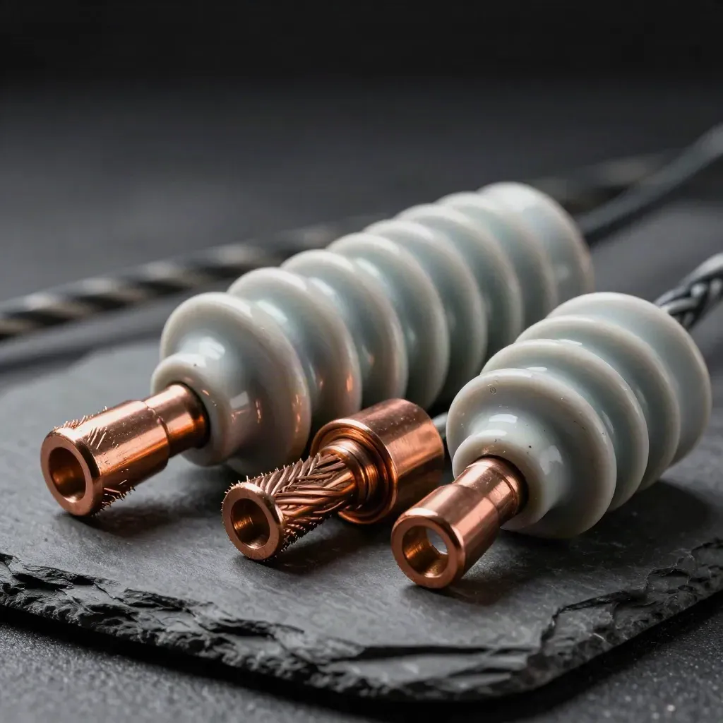 Ceramic insulators, braided cable lugs, and copper ferrules on a slate slab in dramatic macro light.