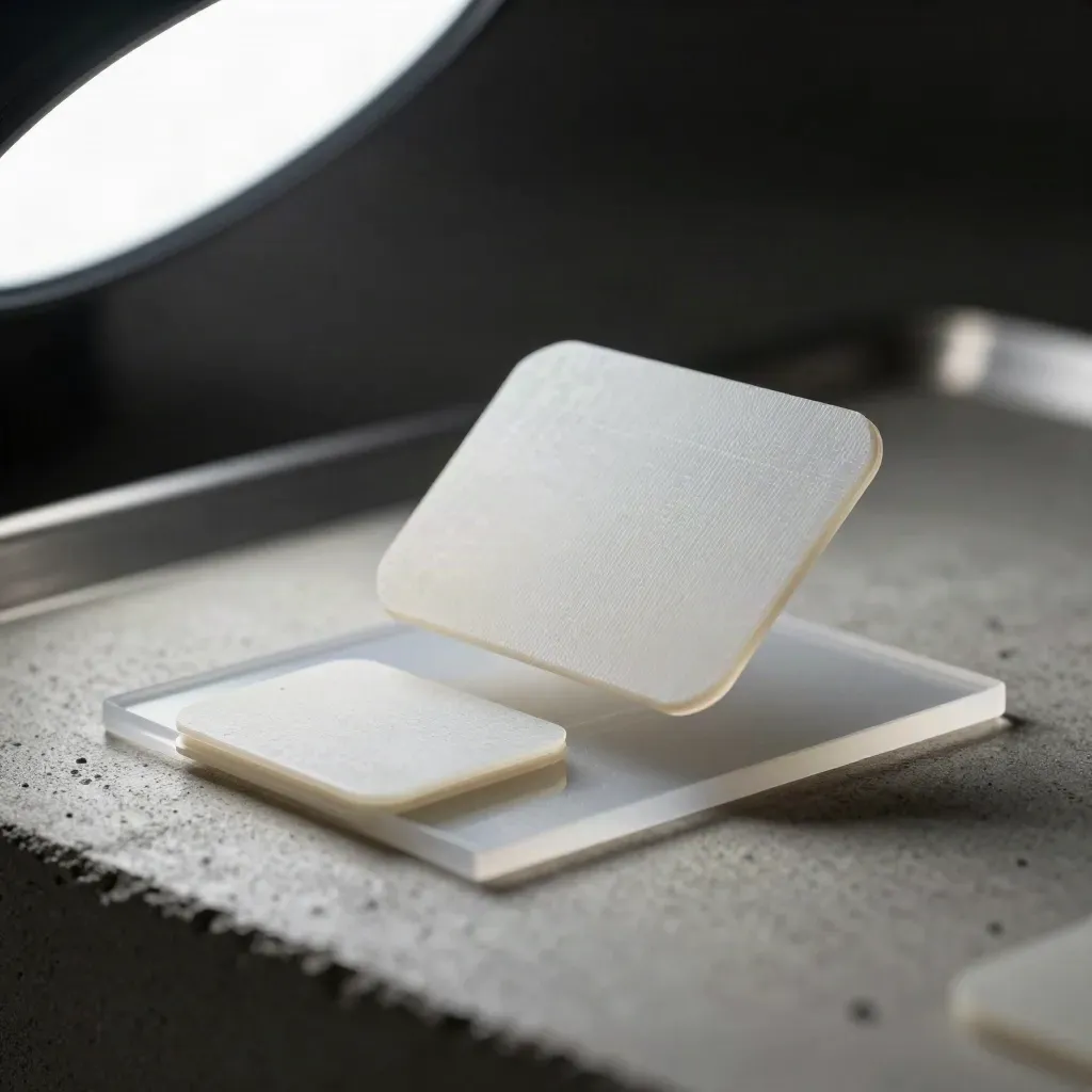 3D-printed concept shell, frosted acrylic stencil, and chip pucks on a concrete prototype bench.