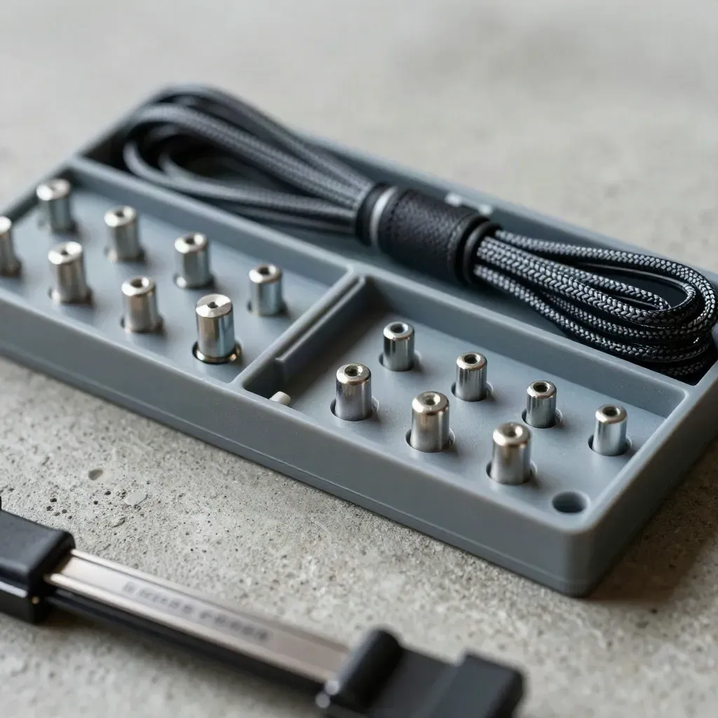Top-down macro of case halves, alignment pins, cable loom, and clamp on concrete.