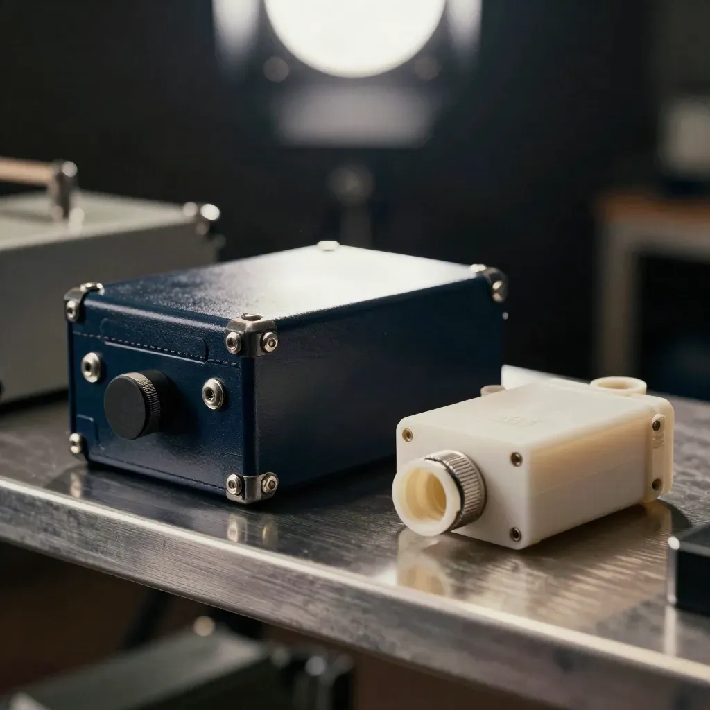 Portable pilot kit with sensor puck and connector pod on brushed metal, seen through mesh.