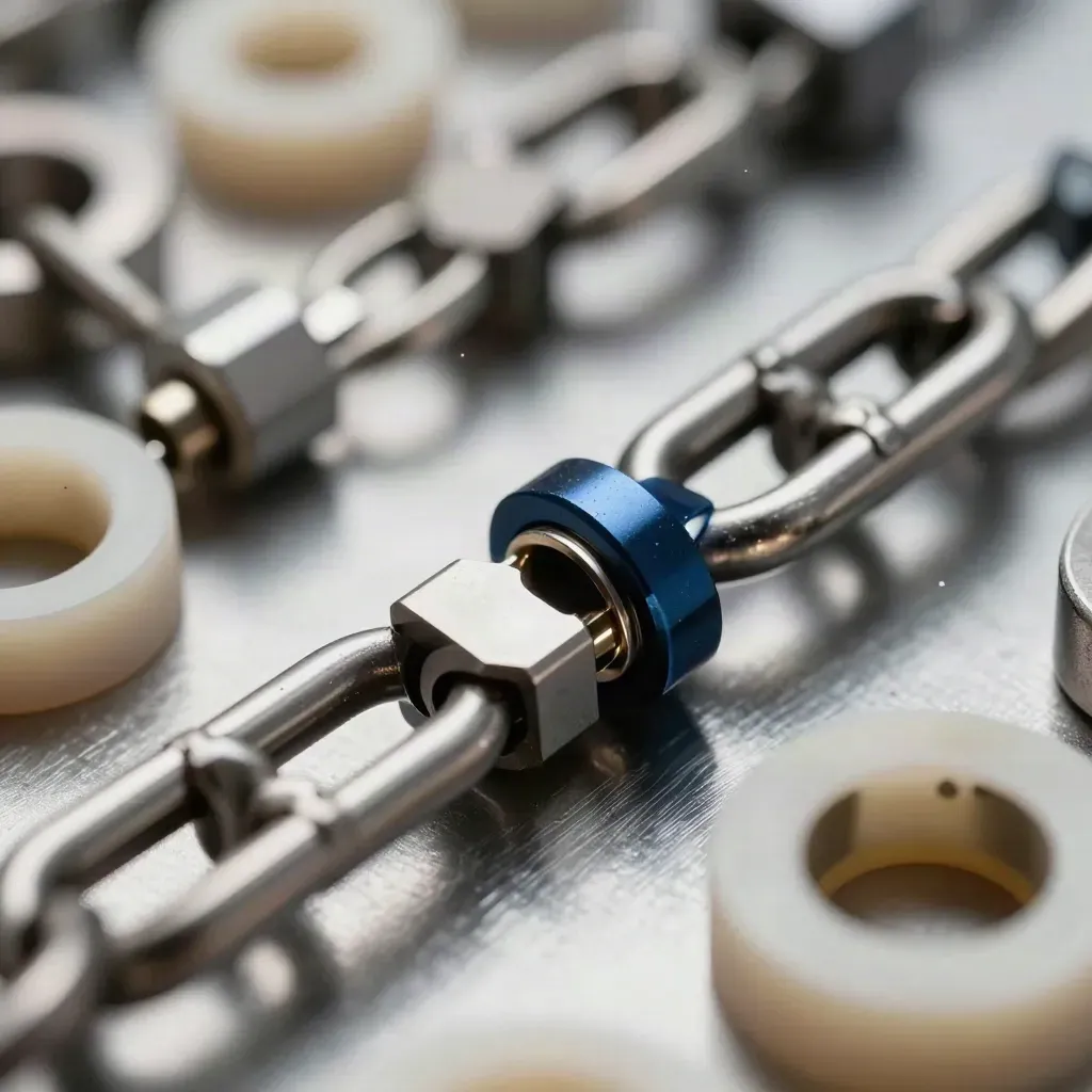 Macro of machined rings and connectors linked on brushed steel with a navy accent.