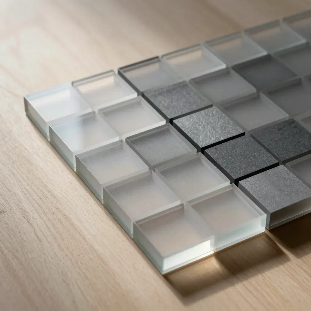 Top-down modular acrylic blocks, frosted spacers, and a corner frame on pale wood