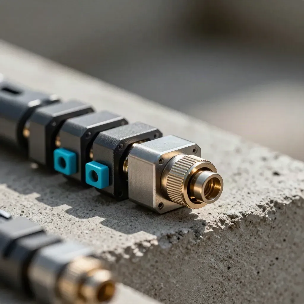 Precision connector blocks and nested clamps on concrete with cyan accent, side-lit in shallow focus.