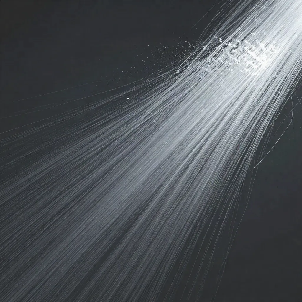Silver light filaments bloom in graphite haze with drifting motes, upper right